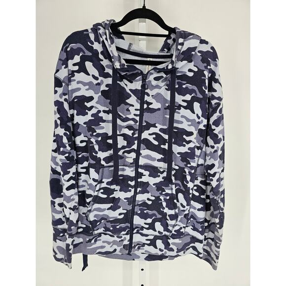 Fabletics Womens Sz M Full Zip Up Hoodie Sweatshirt Blue Camo Print - Picture 1 of 4